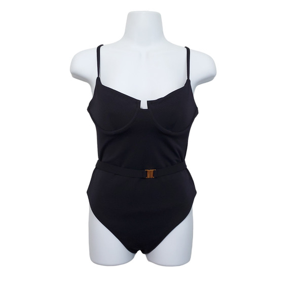 B. Swim Jetty One Piece Swimsuit Black Belt High Leg Large - Picture 1 of 14